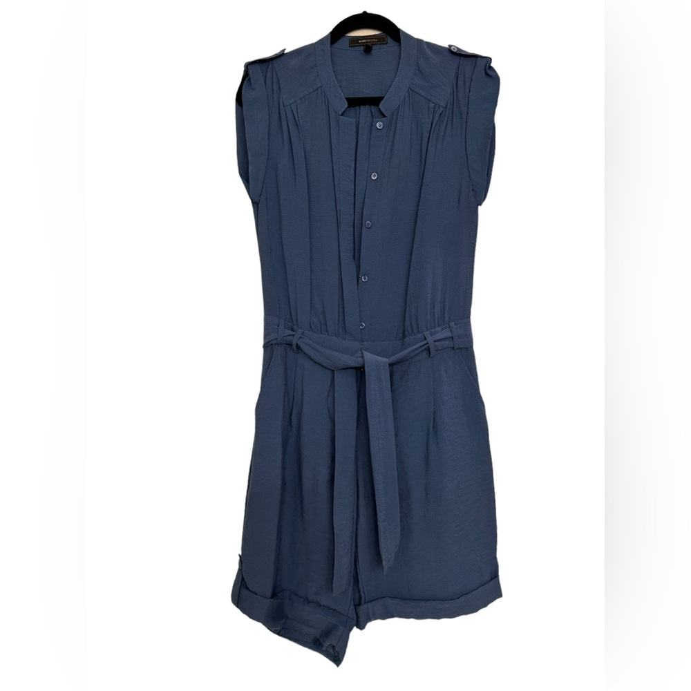 BCBGMaxazria Women’s Romper Jumpsuit- short sleeves and knee length: Blue Size 6